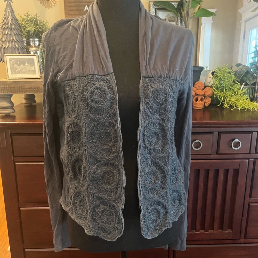Anthropologie Meadow Rue Teal Cardigan with Embroidered Yarn Design and Tie back